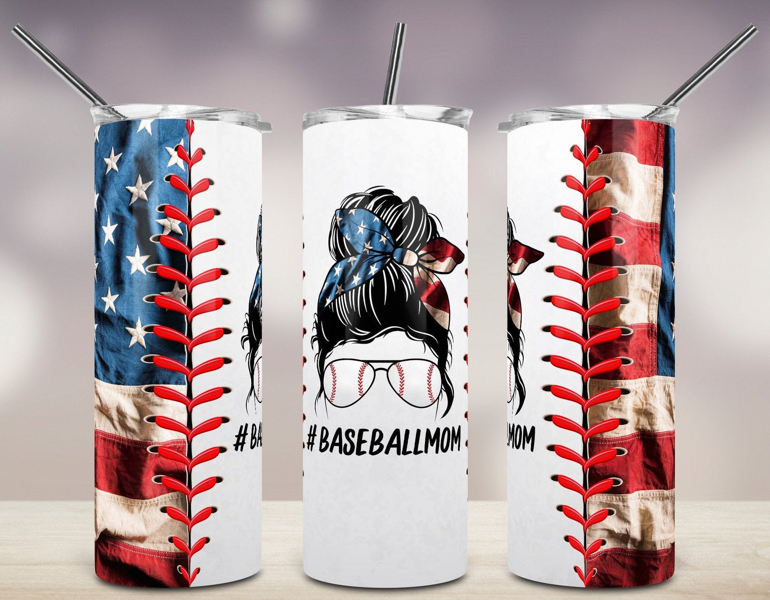 American Baseball Mom Life Bun Hair, Gift For Mom 20Oz Skinny Tumbler