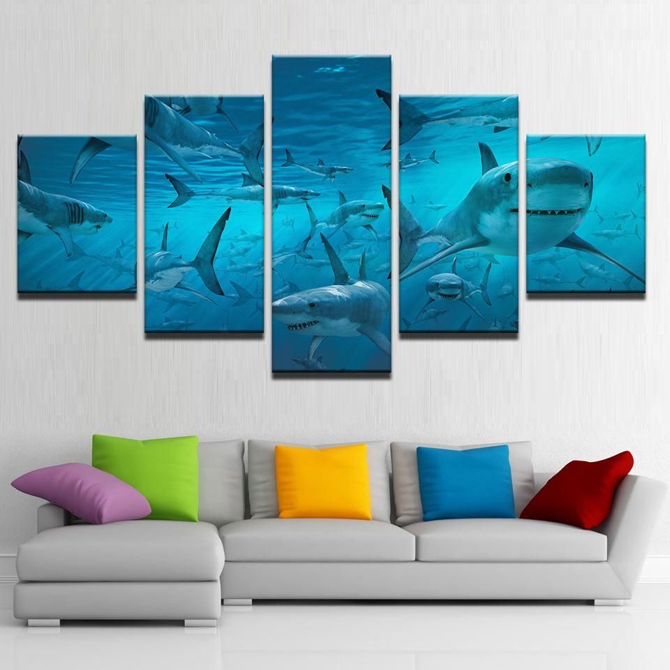 Blue Deep Sea Shark Swarm Animal 5 Panel Canvas Art Wall Decor