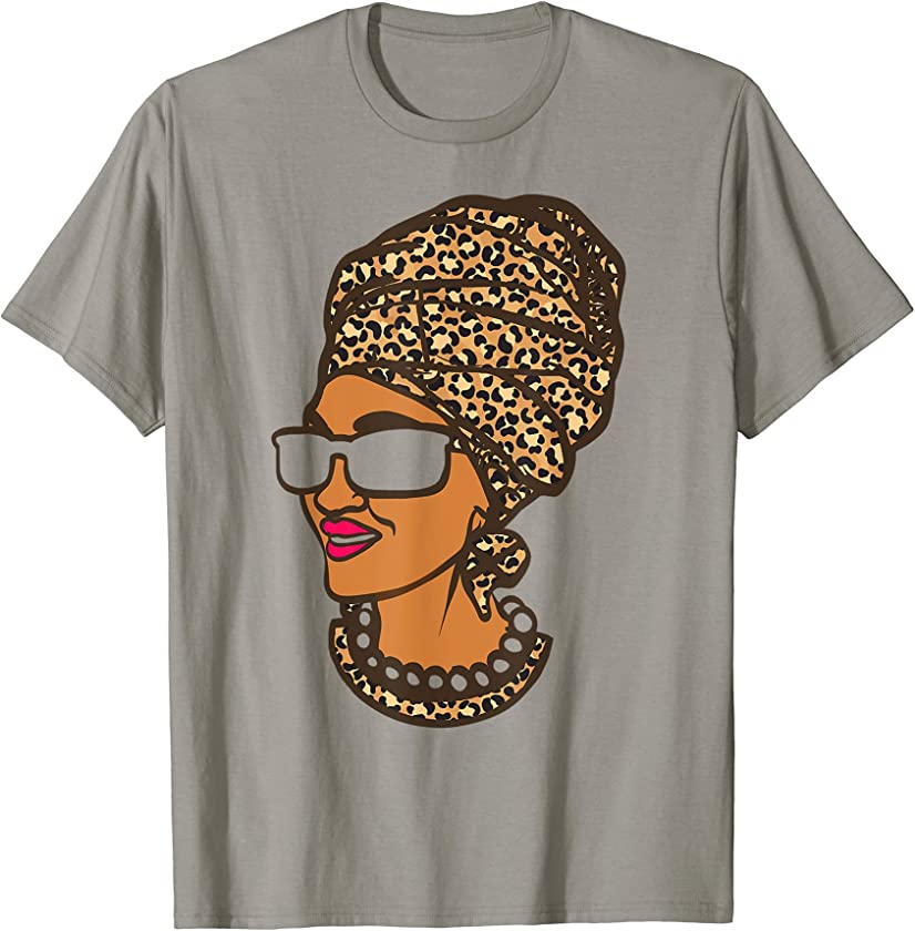 Woman Face With Glasses Wears Leopard Plaid Turban T-Shirt