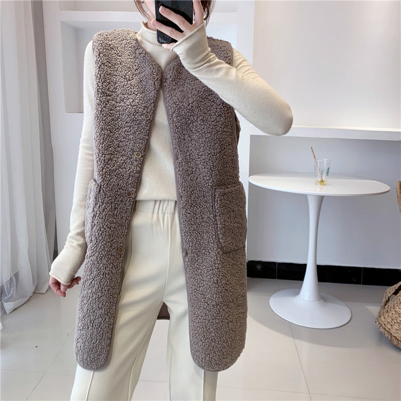 2021 Winter Long Vest Jackets Lamb Wool Thicken Waistcoat Women Button Up Single Breasted Pocket Outwear Sleeveless Coat Garment alx