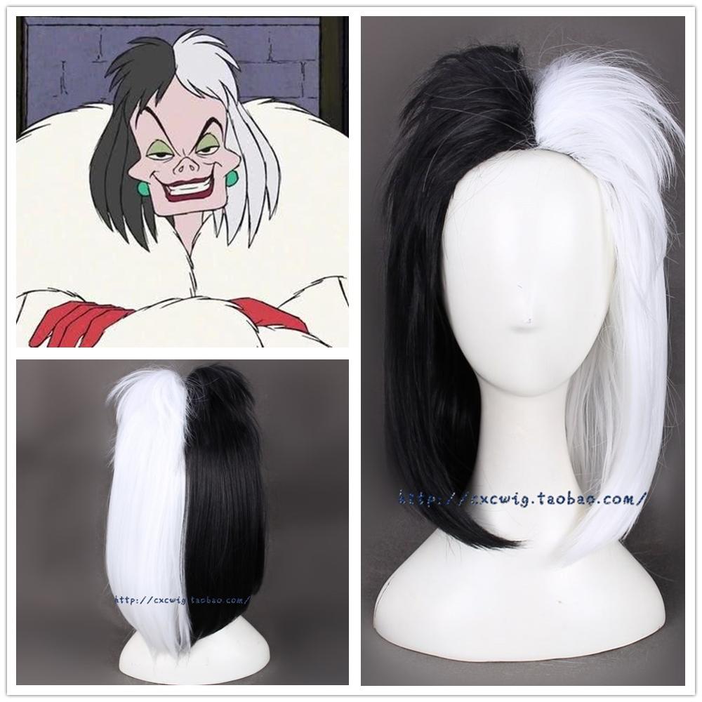 101 Dalmatians Cruella Devil Cosplay Wig Black White Synthetic Hair Halloween Party Play Role Wigs + Wig Cap alx