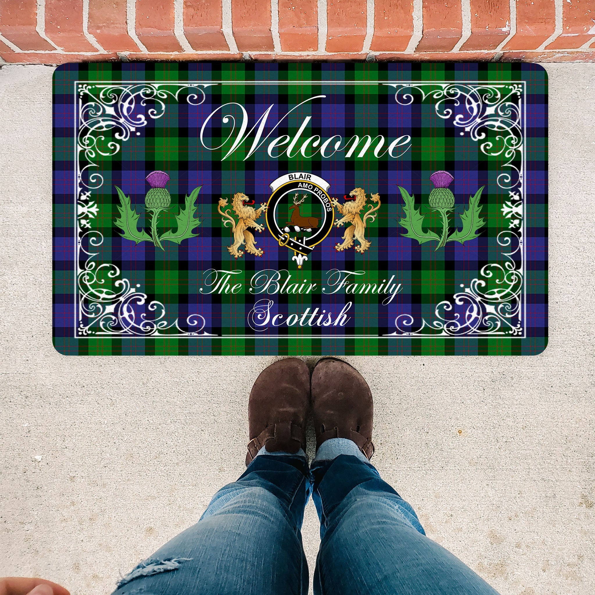 Scotstee Shop Tartan Door Mats Clan Blair Modern Badge Tartan Thistle And Two Lion Scottish Plaid Doormat, Christmas Door Mat Gift