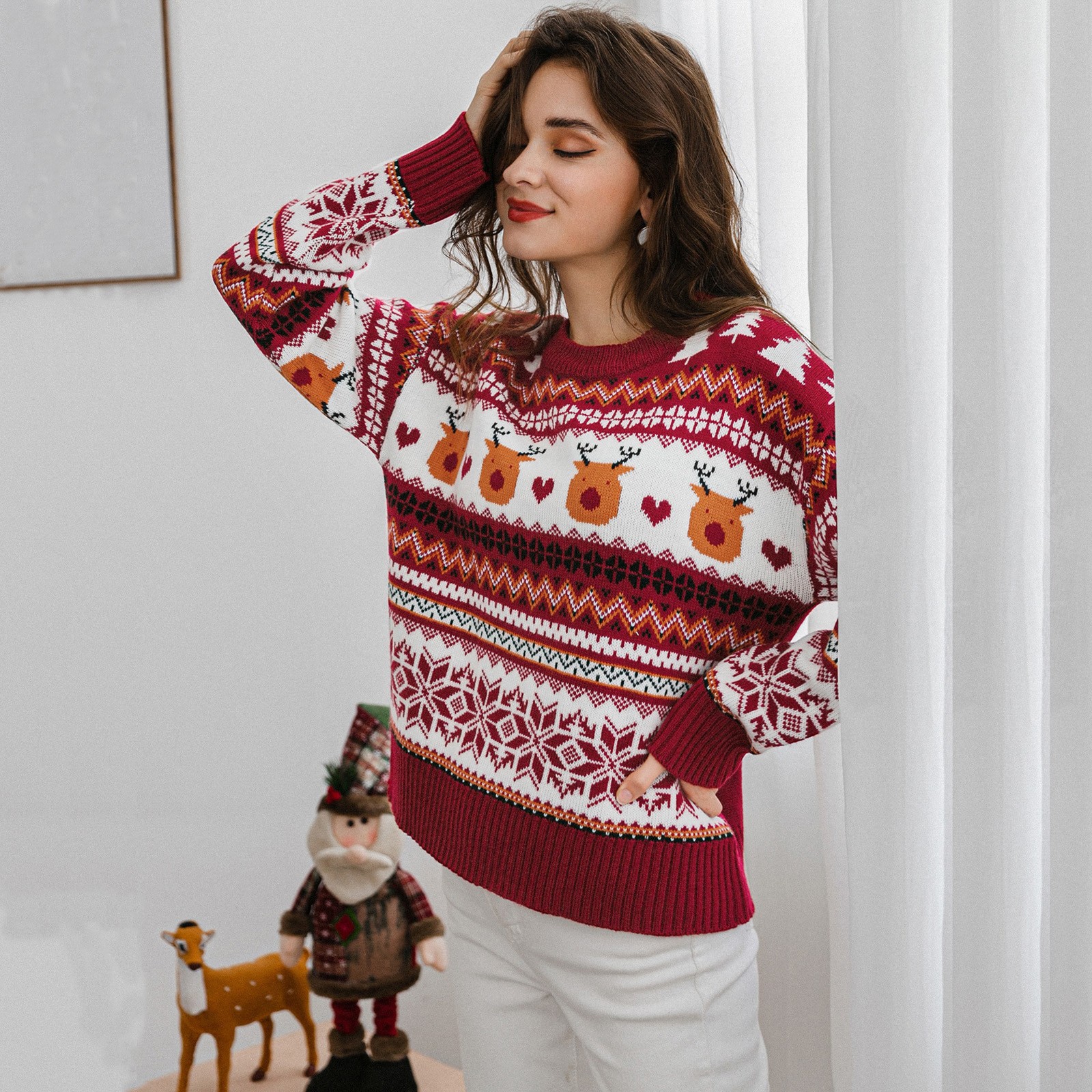 Christmas Snowmen Autumn Winter Women Sweaters Knitted Pullovers Long Sleeve Contrast Color Crewneck Jumpers Sweter Mujer G3 alx