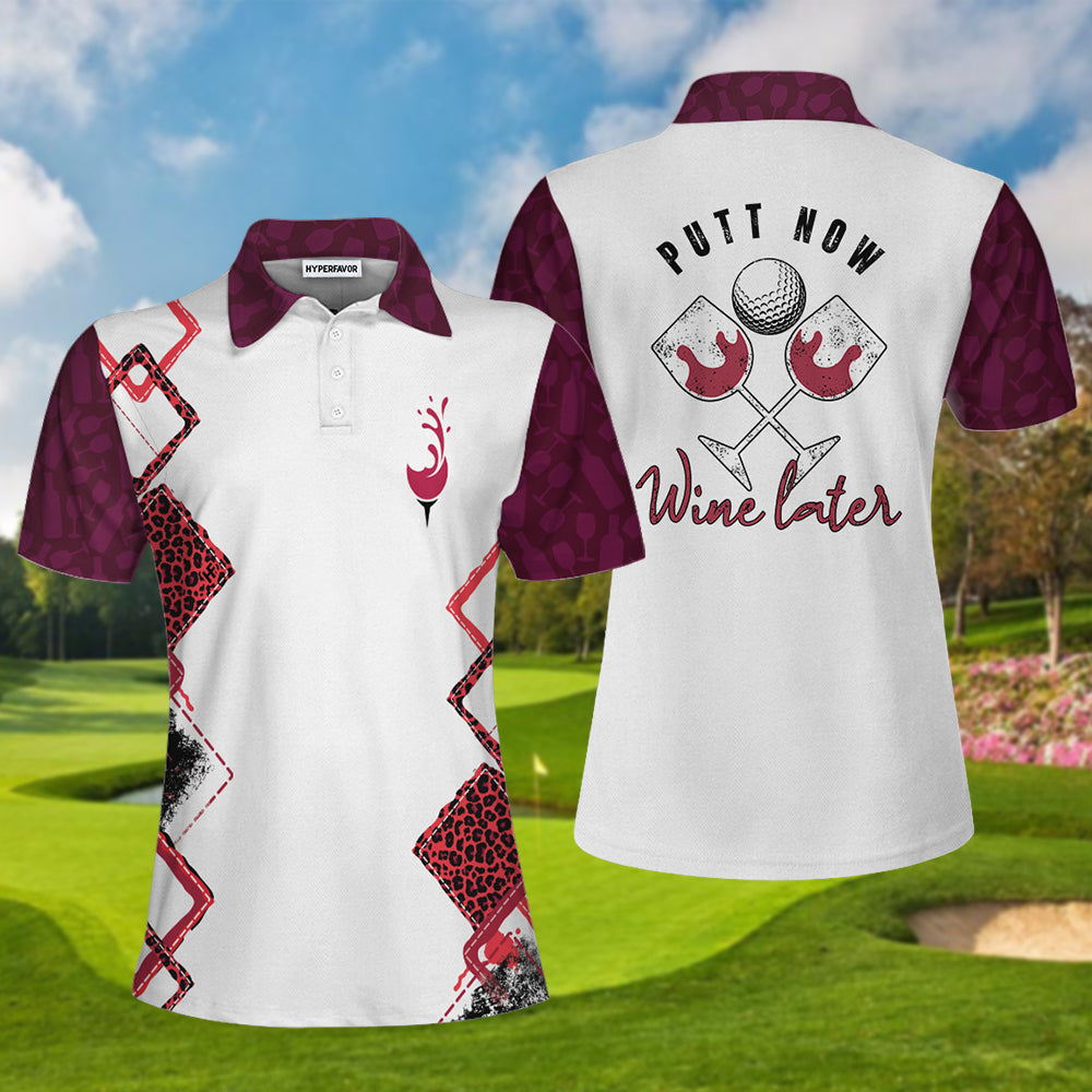 Putt Now Wine Later Elegant Leopard Pattern Golf Short Sleeve Women Polo Shirt, Golf Shirt For Ladies Coolspod