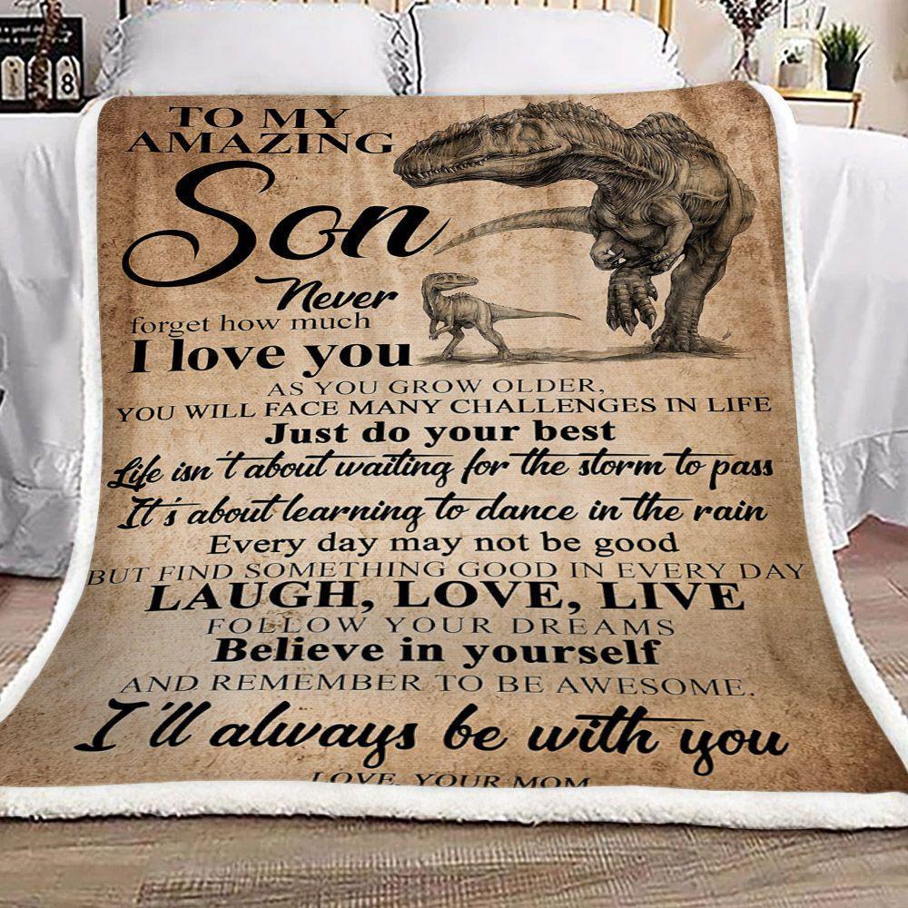 T-rex To My Amazing Son From Mom Personalized Custom Name Text Fleece Blanket Print 3D, Unisex, Kid, Adult Gift For Son | Family