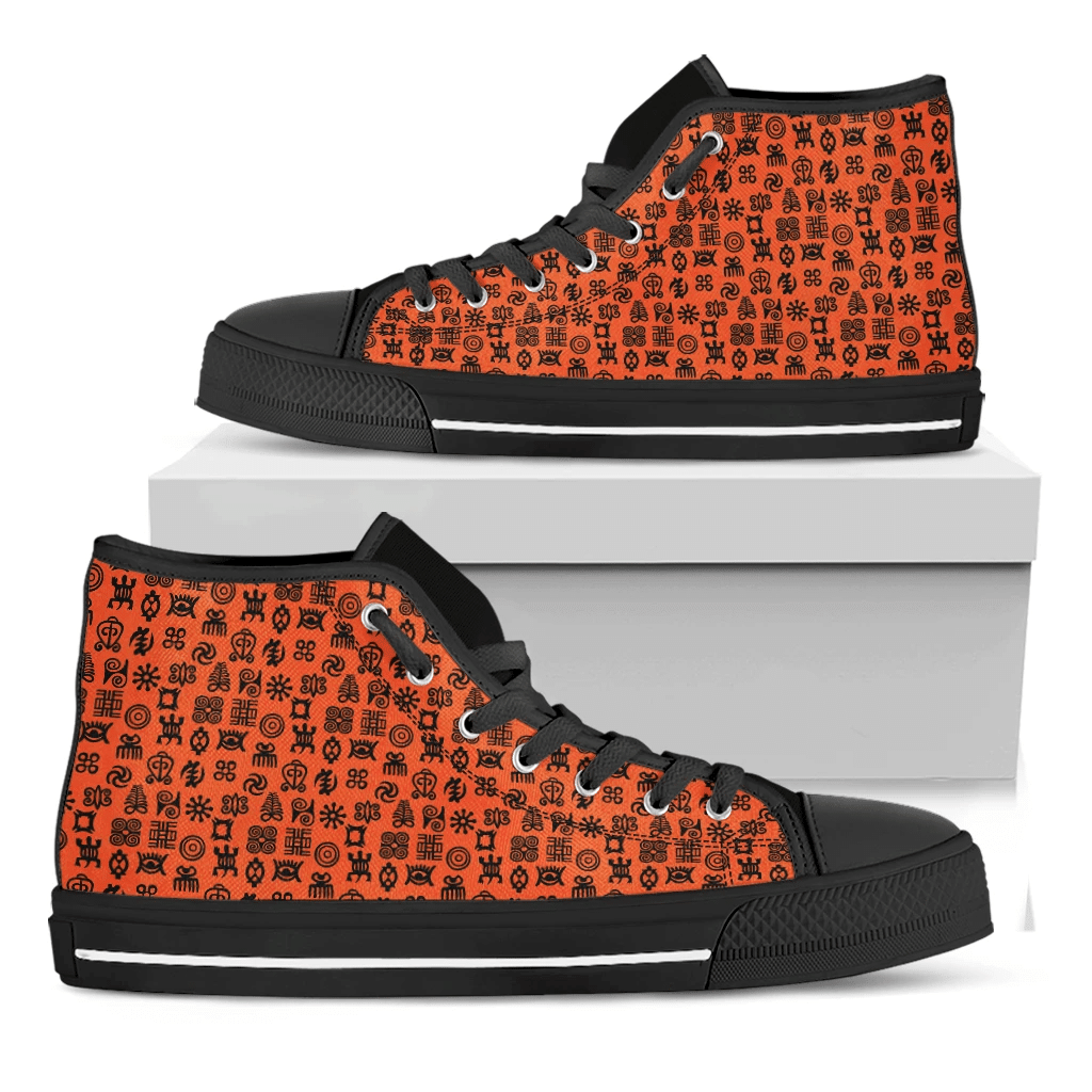 West African Adinkra Symbols Print Black High Top Shoes For Men And Women