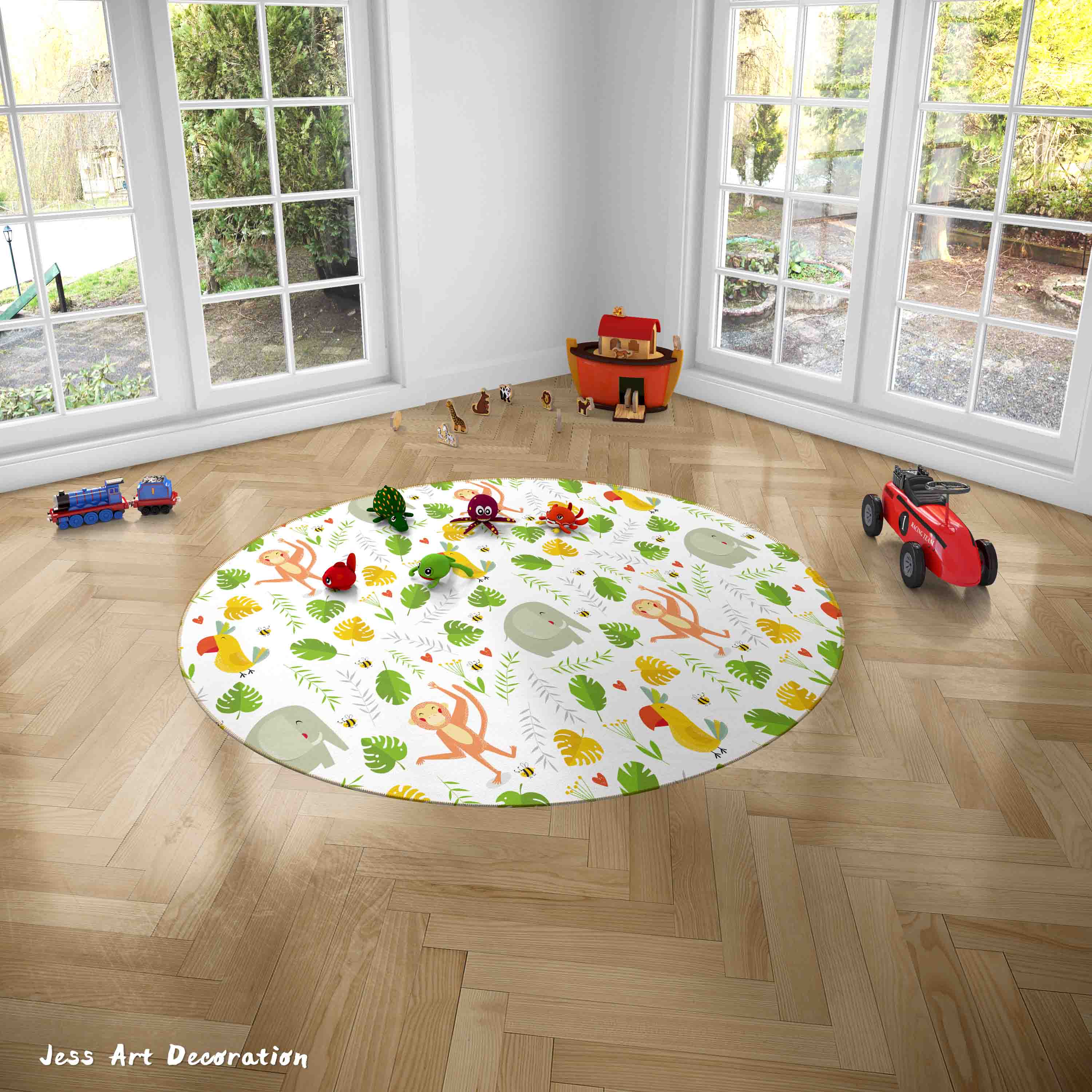 3D Cartoon Animals Lion Monkey Green Leaf Kids Non-Slip Round Rug Mat 3