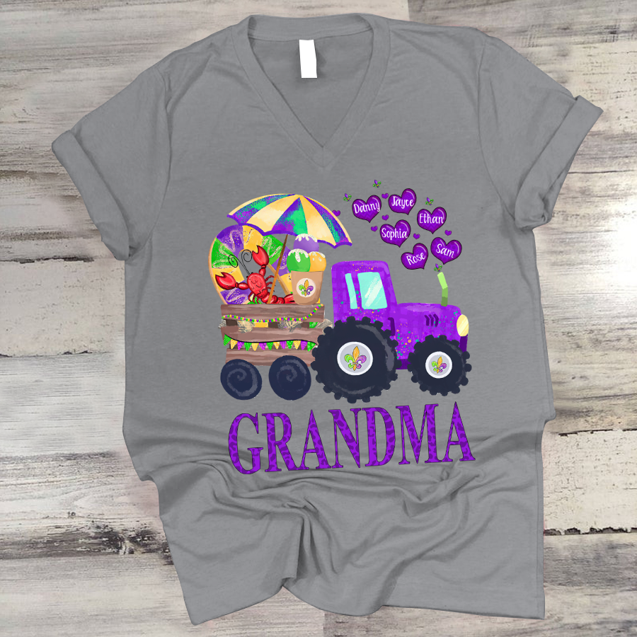 Personalized Grandma And Grandkids Hearts Tractor Gift Mardi Gras V-Neck