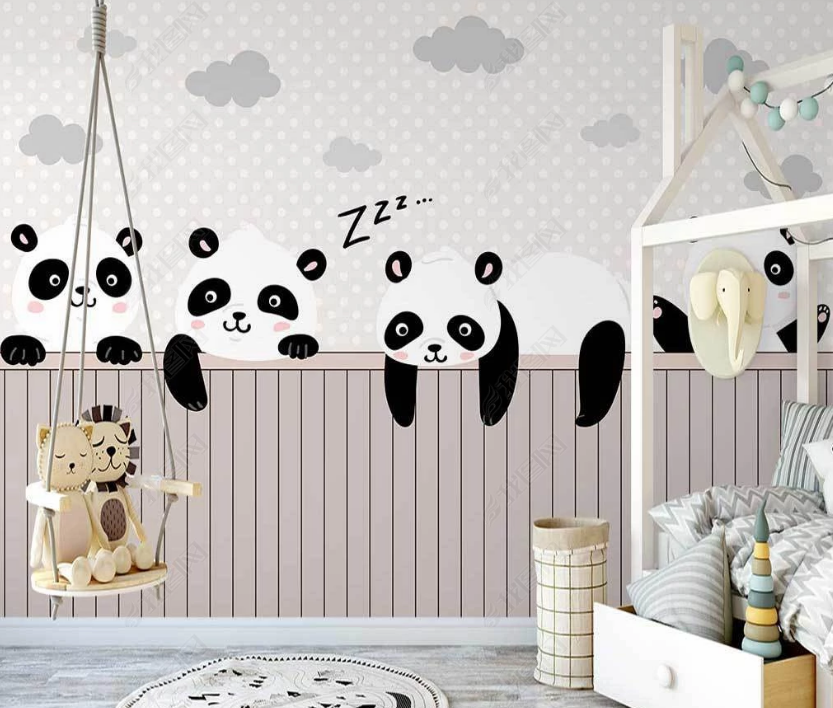 3D Cartoon Sleepy Panda Animal Cloudy Background Wall Mural Wallpaper Lxl