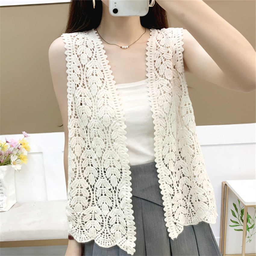 Summer Lace Vest Cardigan Hollow Out Crochet Tops Women Sleeveless Jackets Waistcoat Outwear Chalecos Para Mujer alx