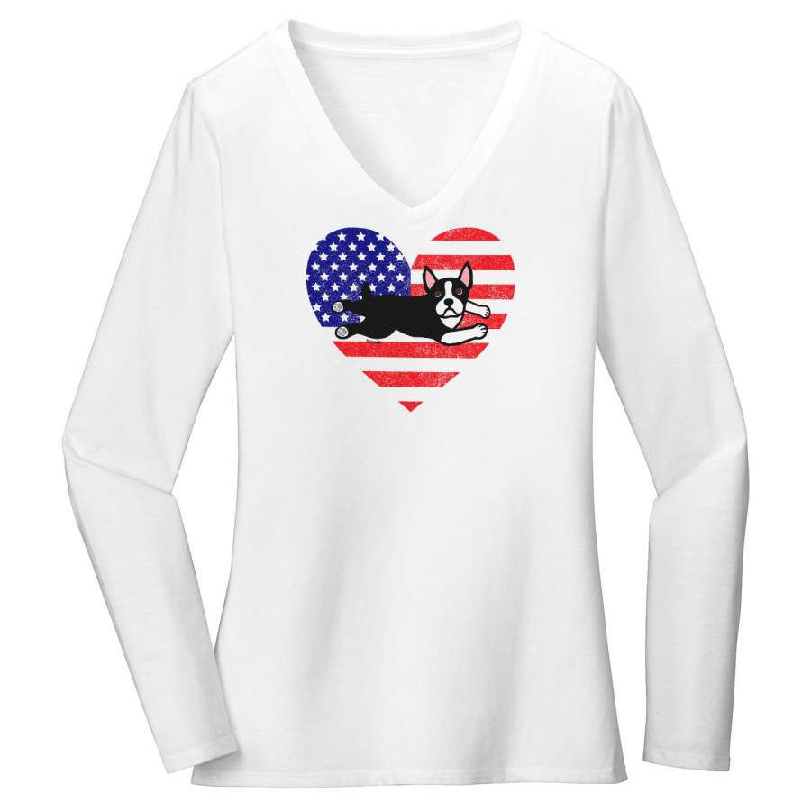 USA Flag Boston Terrier Puppy – Women’s V-Neck Long Sleeve T-Shirt