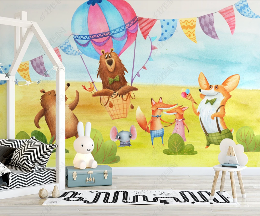 3D Cartoon Animals Hot Air Balloon Wall Mural Wallpaper Lqh 181