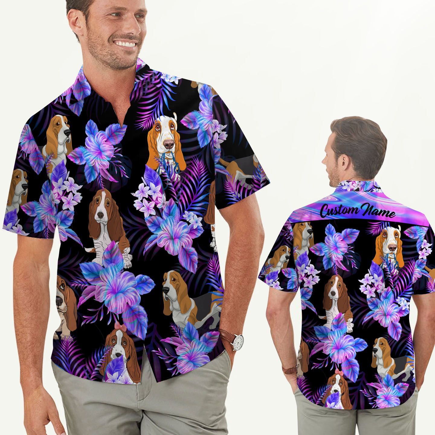 Basset Hound Holographic Tropical Flowers Custom Name Men Hawaii Shirt Ha64865