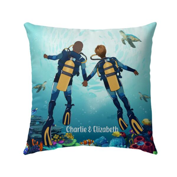 Personalized Pillow, Scuba Diving Couple, Diving Partner, Lovers Under The Sea, Gift For Diving Fans