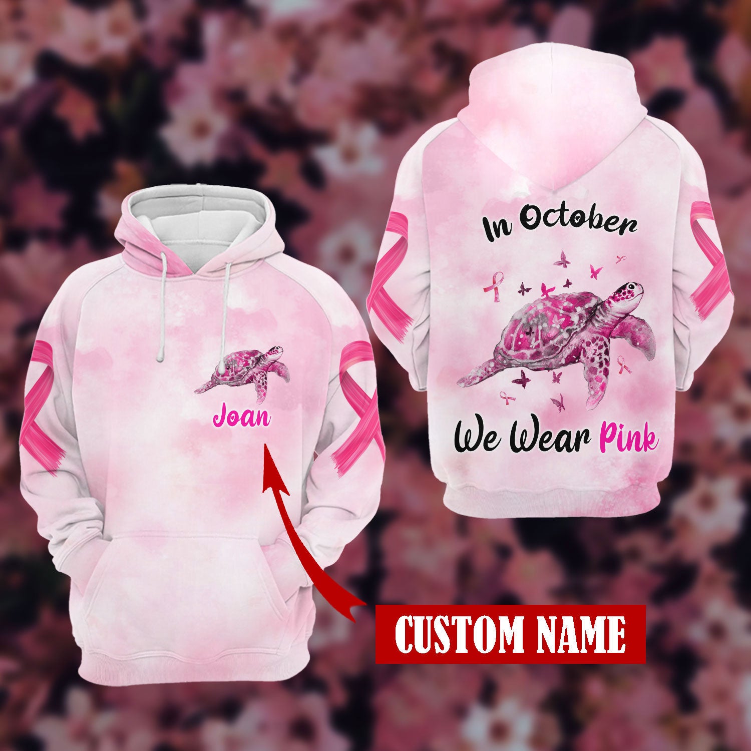 Turtle Breast Cancer In October We Wear Pink Hoodie Black & Pink 3D Custom Ttm