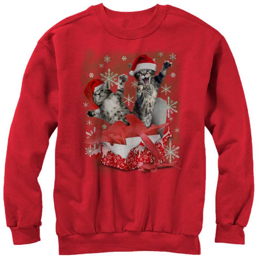 Lost Gods Men’s Ugly Christmas Gift Surprise Kitten  Sweatshirt Red