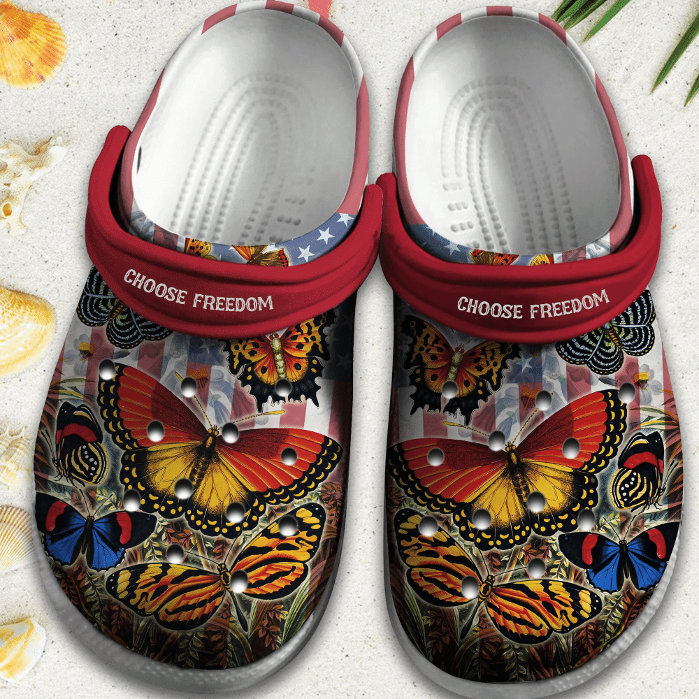 Butterfly Usa Flag 4Th Of July Gift For Lover Rubber Crocs Clog Shoes Comfy Footwear