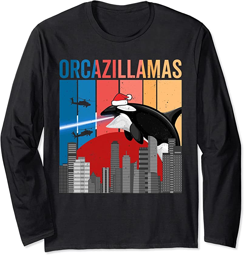 Christmas Killer Whale, Funny Orcazilla Retro Japan Sunset Long Sleeve T-Shirt