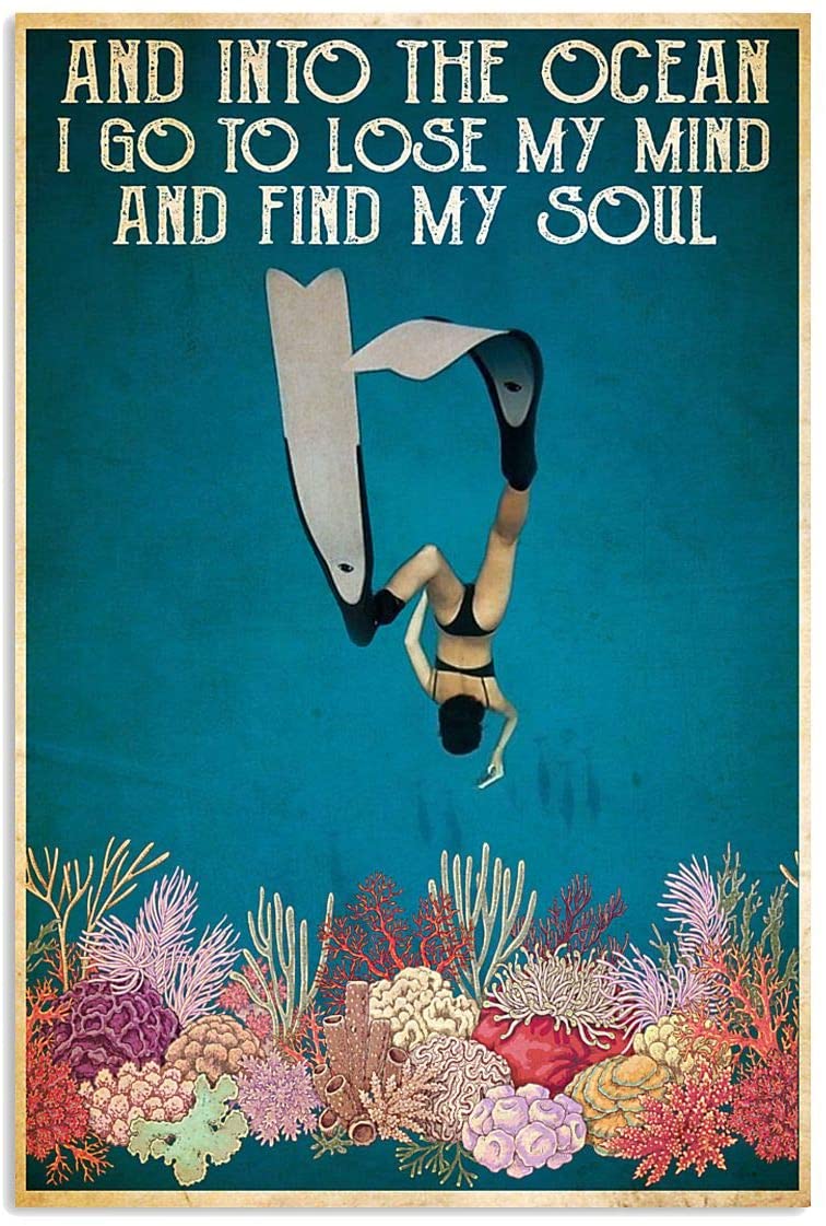 Vintage Diving And Into The Ocean I Go Find My Soul Poster Art Print      Home Decor Gift For Men Women Family Frd On Birthday Xmas