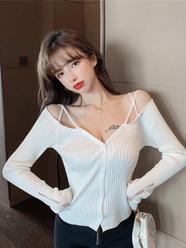 Black Sexy Halter Cropped Sweater Women Pullover Femme Slim Long Sleeve Top V Neck Korean Pulls Autumn Winter Sueters De Mujer alx