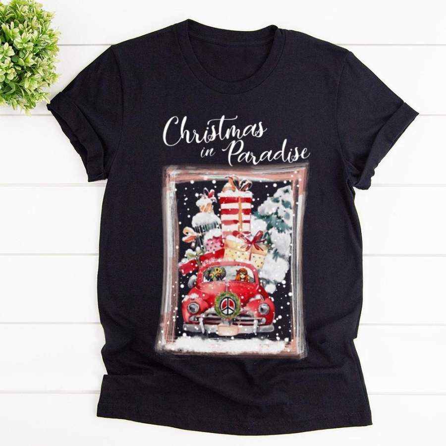 Hippie girl and elephant christmas paradise xmas tree gift snow winter black cotton t shirt for men and women S-6XL