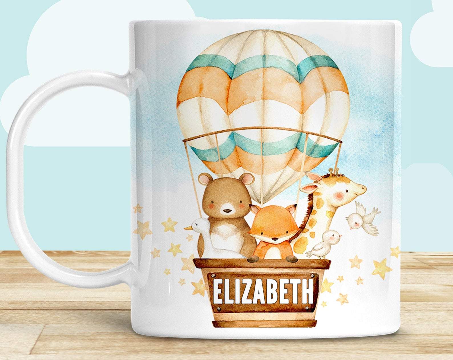 Pesonalized Name Kids Hot Air Balloon With Animals Cute Unbreakable For Child Bpa Free Ize With Gift Mug White Ceramic 11-15Oz Coffee Tea Cup