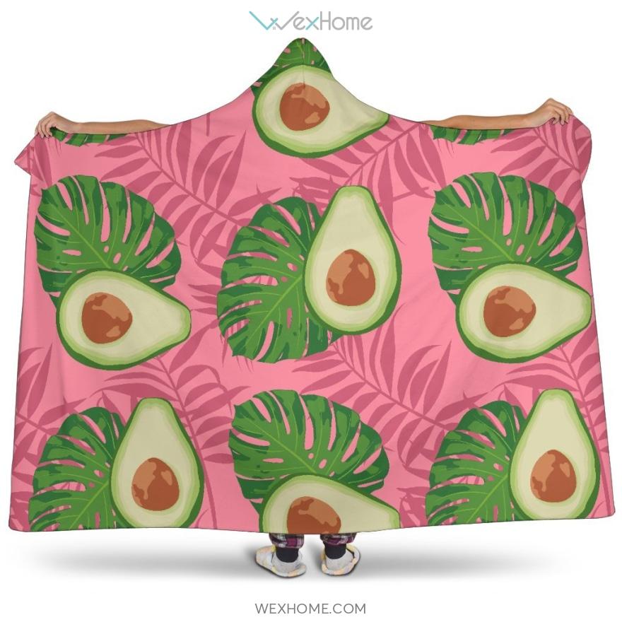 Avocado Slices Leaves Pink Back Ground Hooded Blanket