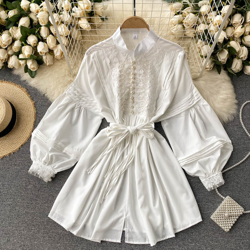 Court Style Belt Lace Up Mini Dress 2022 Stand Collar Embroidery White Long Sleeve Slim Retro Lantern Sleeve Pleated Party Dress alx