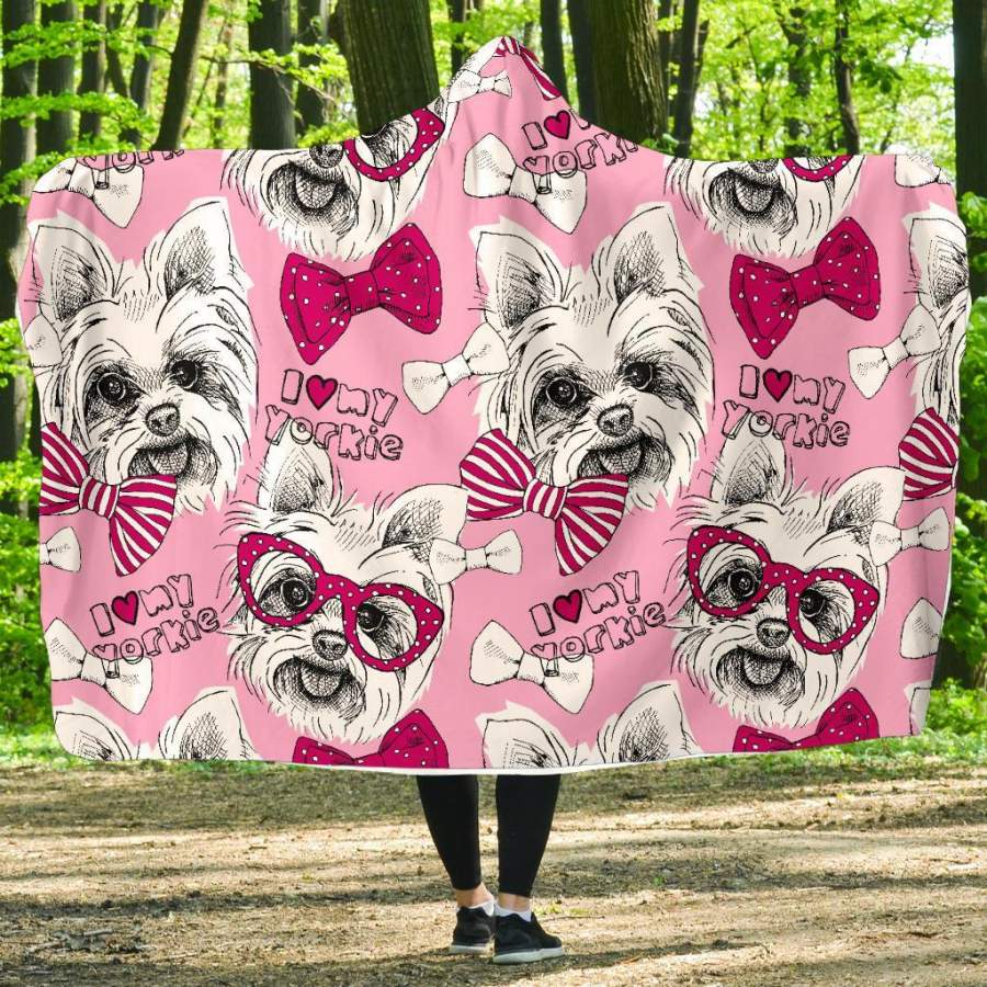 Yorkshire Terrier Dog Puppy Print Pattern Hooded Blanket