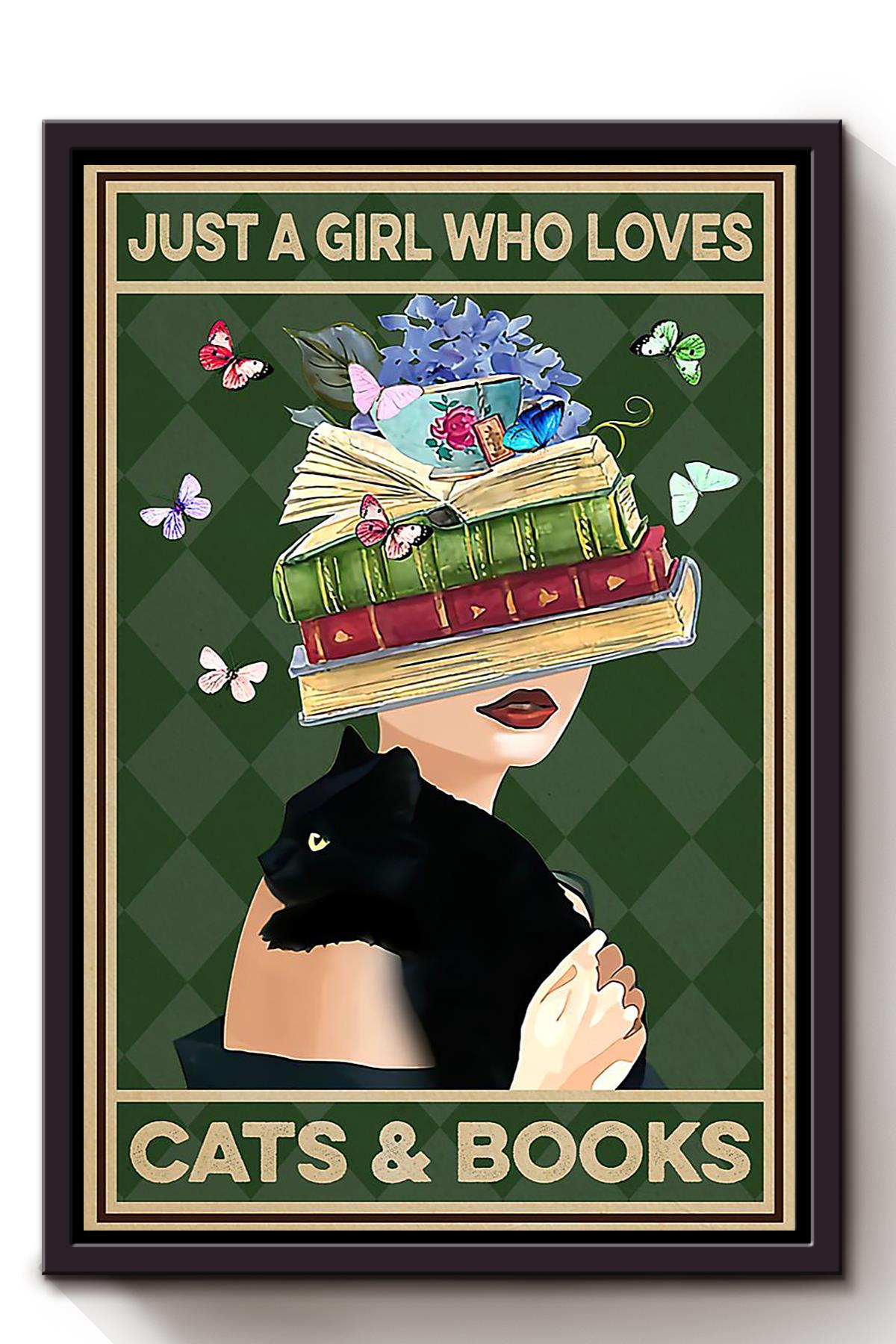 Cat Lover Just A Girl Who Loves Cats And Books Animal Wall Art Gift For International Cat Day Kitten Foster Framed Canvas