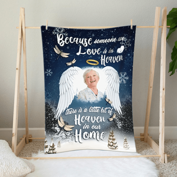 Personalized Memorial Dragonfly Christmas Blanket, Because Someone We Love Is In Heaven Blanket