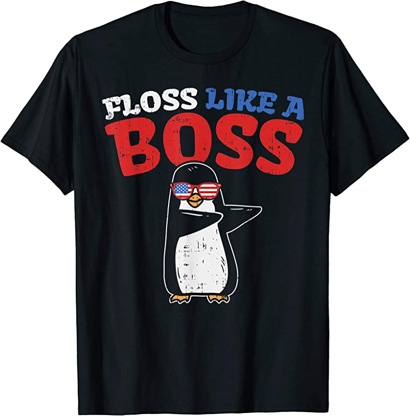 Floss Like A Boss Dance Shirt Patriot Penguin US 4th Of July T-Shirt