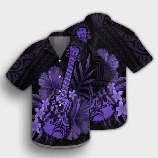 Ukulele Flower Aloha Hawaiian Shirt Colorful Short Sleeve Summer Beach Casual Shirt For Men And Women