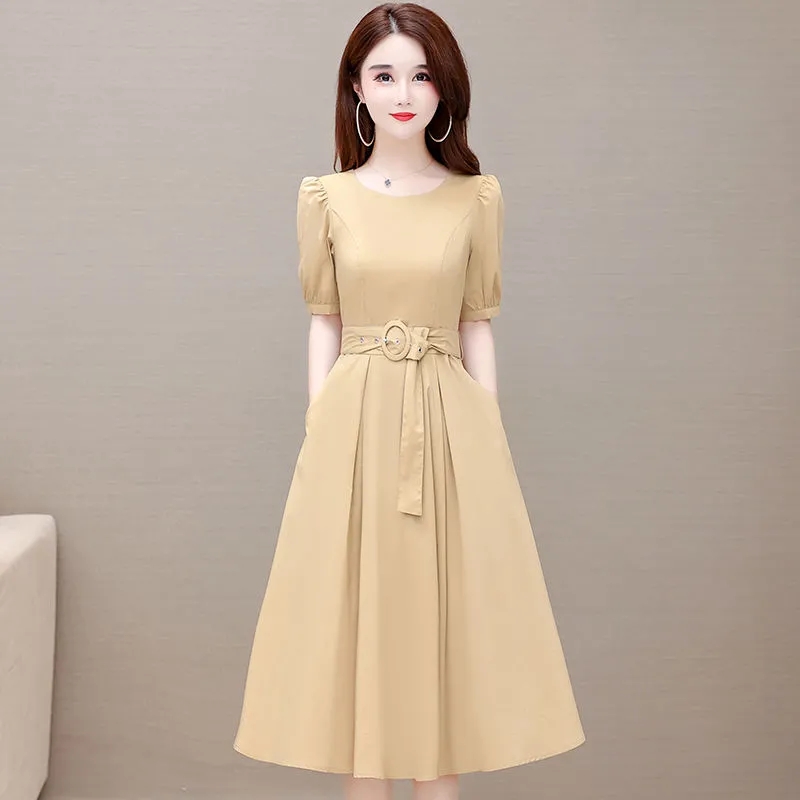 Women Summer Bodycon Dress Plus Size O-Neck Korean Dress French Short Sleeve With Belt Elegant Dress Lady Temperament Vestidos alx