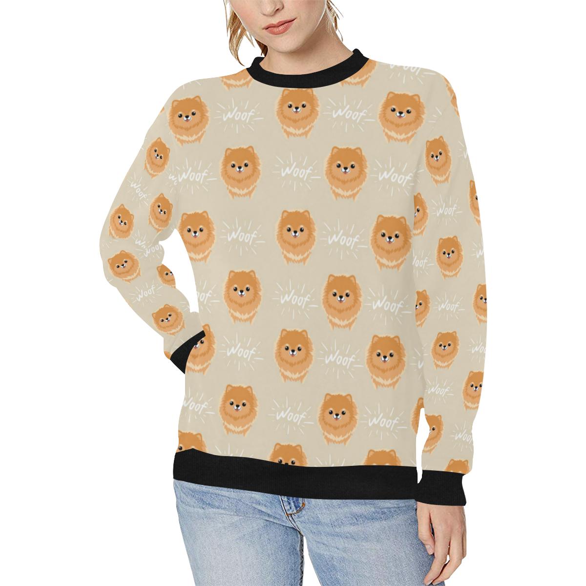 Cute brown pomeranian puppy on blue Women’s Crew Neck Sweatshirt