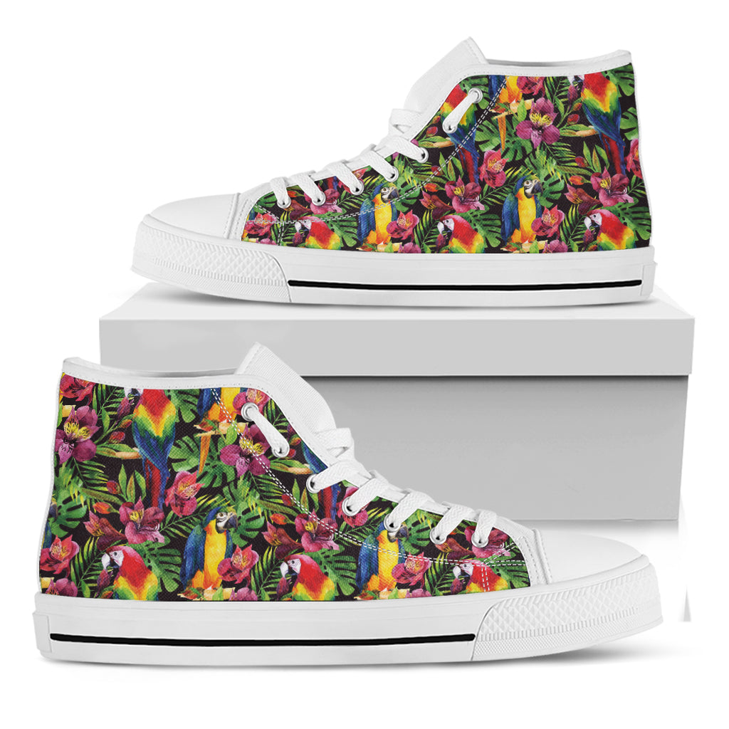 Watercolor Parrot Pattern Print White High Top Shoes