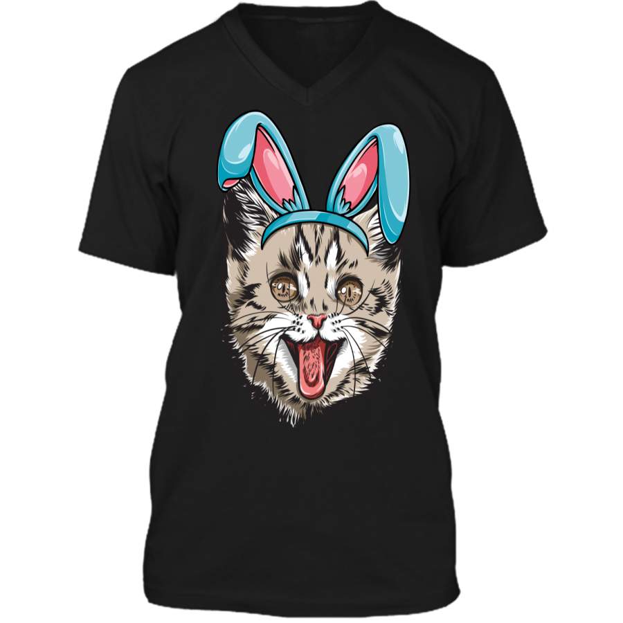 Easter Bunny Cat T shirt Kitty Kitten Girls Boys Kids Women Mens Printed V-Neck T