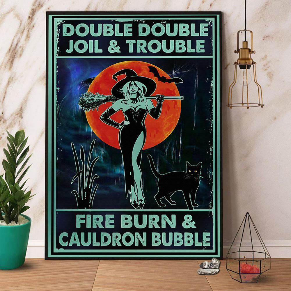 Witch Double Double Joil & Trouble Black Cat Halloween Full Size Poster No Frame Matte Canvas, Wall Decor Visual Art