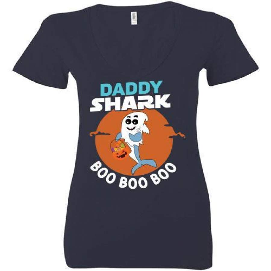 Daddy Shark Boo Boo Boo Shark Ghost Halloween Ladies Deep V-Neck