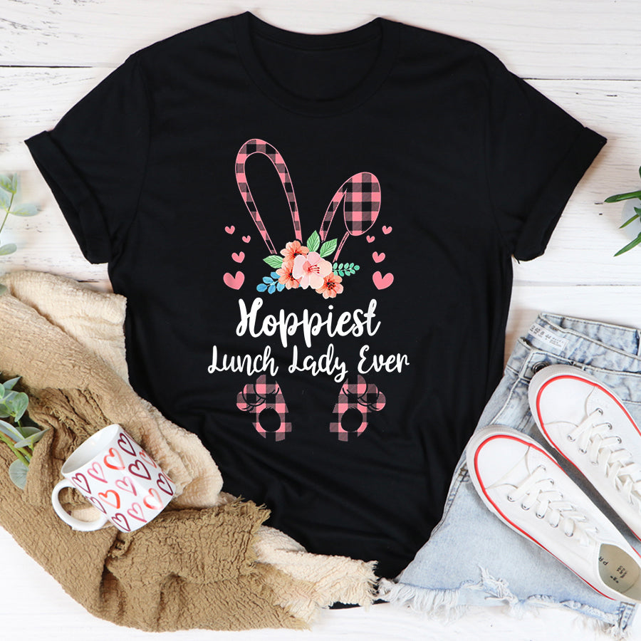 Easter Shirt Hoppiest Lunch Lady Ever Leopard Women Girl Easter Day Bunny T-Shirt Funny Easter Gift For Girls And Women