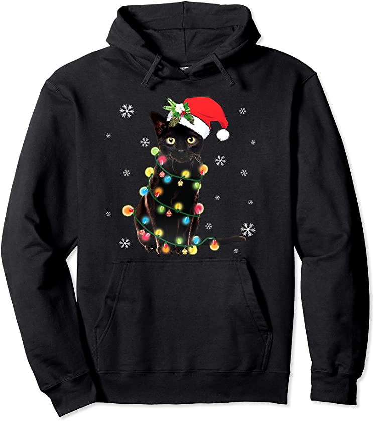 Black Cat Ugly Christmas Sweater lights Funny Cats Pullover Hoodie