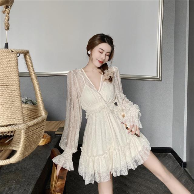 Woman Dress Summer V-neck Lace Dress for Women Summer New Ruffled Skirt Vestido De Mujer alx