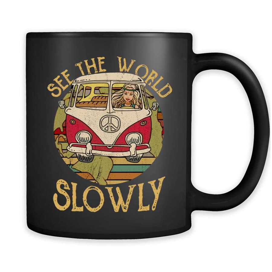 See The World Slowly Hippie Girl Peace Sign, Classic Vintage Design – Full-Wrap Coffee Black Mug