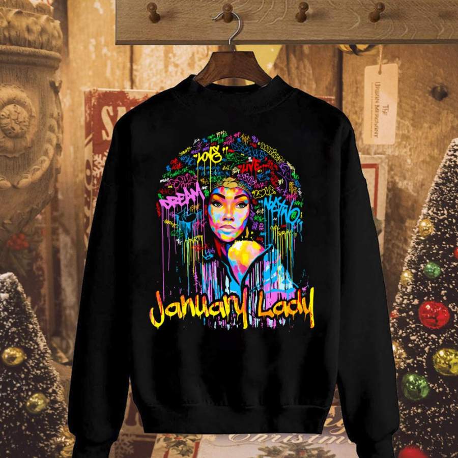 Sexy black girl january lady coloful art a great gife black cotton t shirt for men and women S-6XL