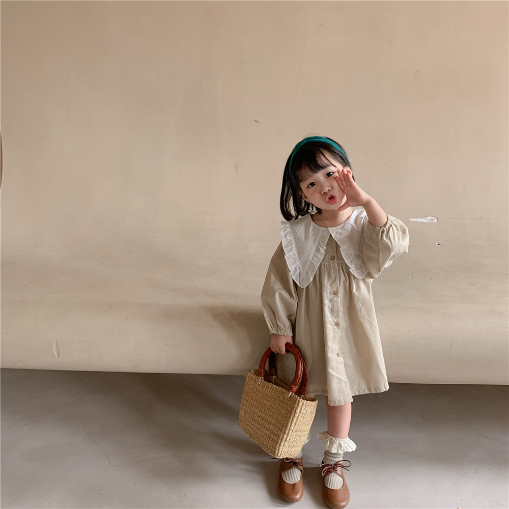 Baby Girls Dress Casual Plaid Clothes Summer 2022 New Korean Cotton Linen Girls Princess Dress Big Turn Down Collar Dress alx