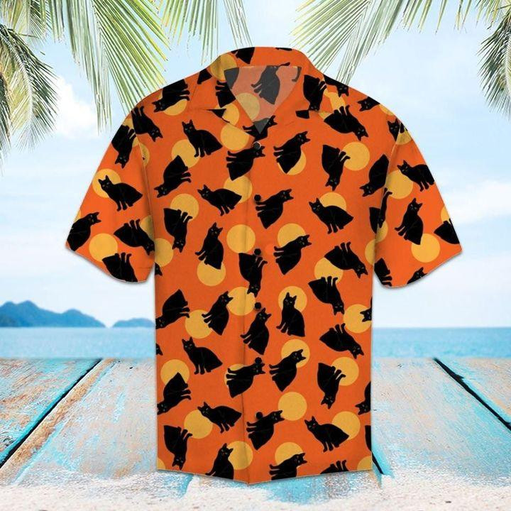 Orange Halloween Black Cat Pattern Hawaii Shirts Ha110754