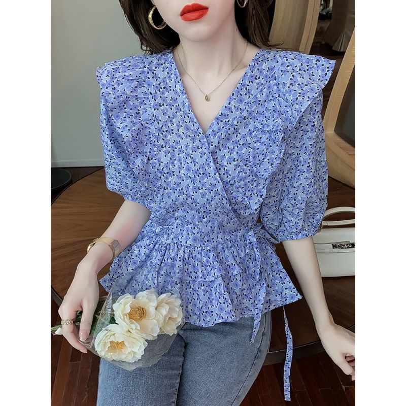 2021 summer new style Korean style Western style ruffled V-neck floral fashion short-sleeved blouse shirt women alx