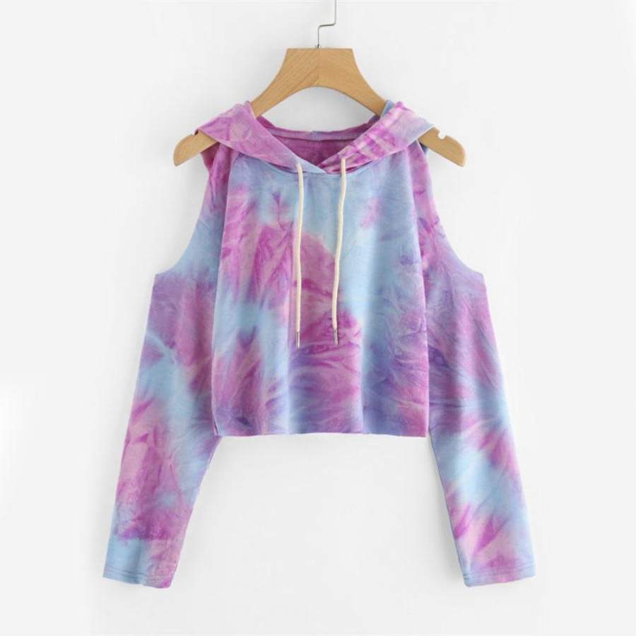 ROMWE Tie Dye Open Shoulder Crop Hooded Tee 2016 New Autumn Multicolor Tie Dye Top Cold Shoulder	Long Sleeve Cute T Shirt