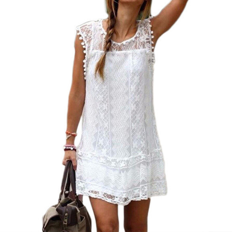 Summer Women Casual Sleeveless Beach Short Dress Tassel White Mini Lace Sexy Party Dresses Vestidos S-XXL WL61 alx