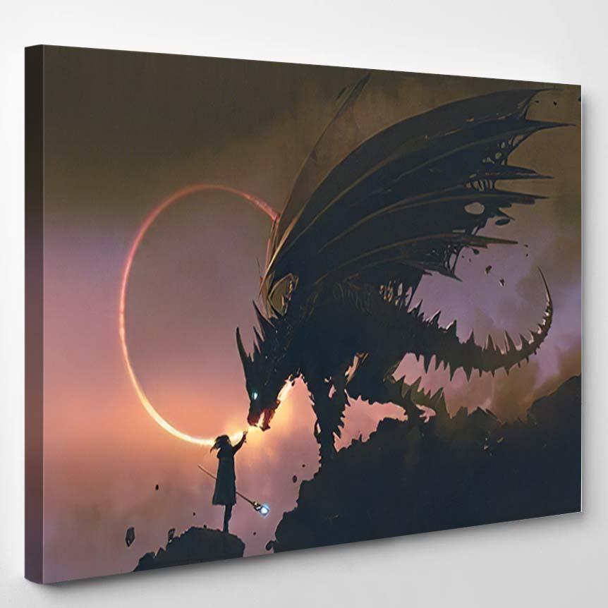 Scene Wizard Reaching Hand Out His – Dragon Animals Canvas Print